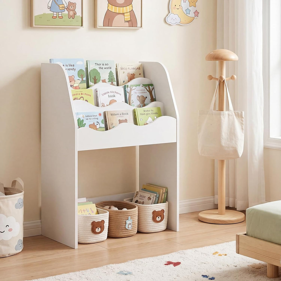 COSTWAY Kinder Bücherregal mit Schublade auf Rollen (Weiss) | 3-stufiges Kinderregal wellenförmig au