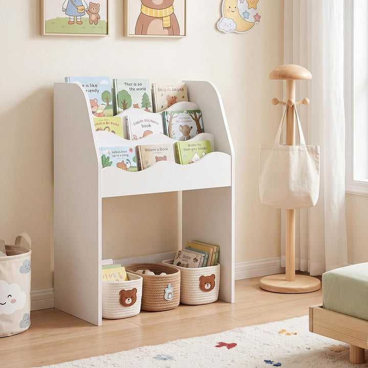 COSTWAY Kinder Bücherregal mit Schublade auf Rollen (Weiss) | 3-stufiges Kinderregal wellenförmig au