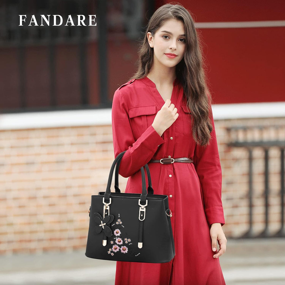 FANDARE Damen Henkeltaschen Wasserdicht Tote Beutel Umhängetaschen Schultertasche PU-Leder Bestickte