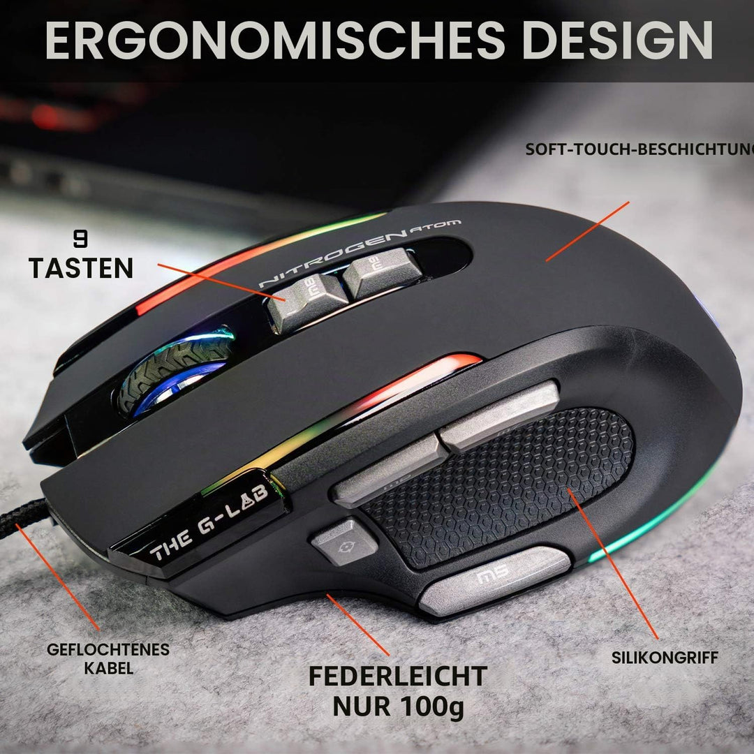 THE G-LAB Kult Nitrogen Atom Hochpräzise kabelgebundene Gaming-Maus - Optischer 4800 DPI Sensor, RGB