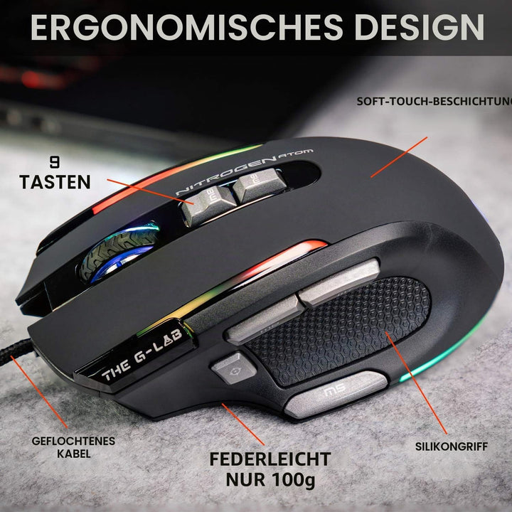 THE G-LAB Kult Nitrogen Atom Hochpräzise kabelgebundene Gaming-Maus - Optischer 4800 DPI Sensor, RGB