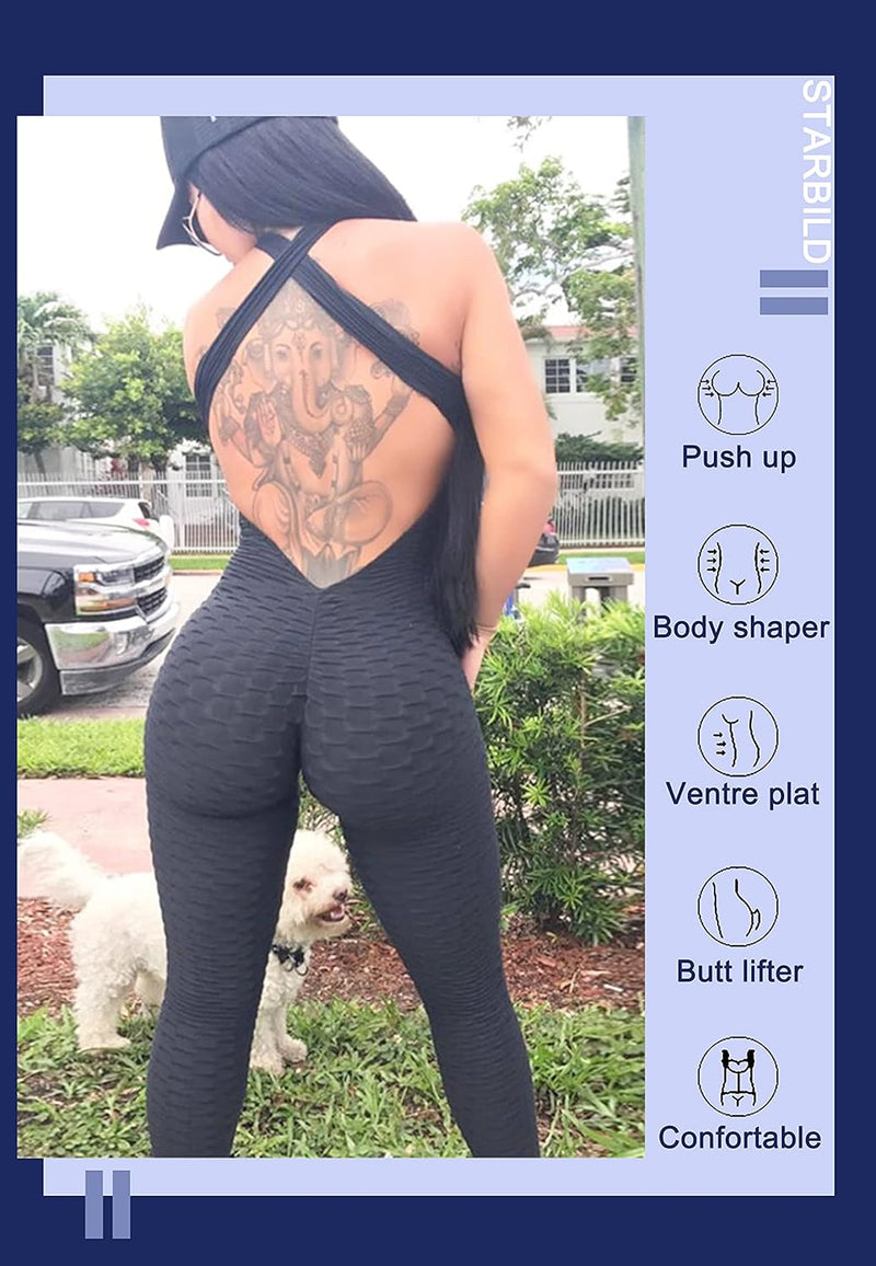 STARBILD Damen Yoga Jumpsuit Ärmellos Rückenfrei Eng Anliegender, Fitness Overall für Gym Workout, K