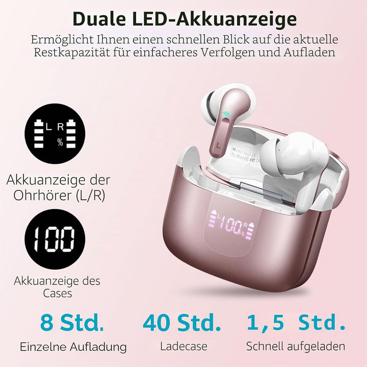 Ordtop Kopfhörer Kabellos Bluetooth, Stereo Tiefer Bass Wireless Earbud, ENC Noise Cancelling Mic, U