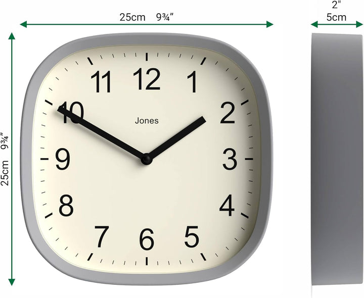 JONES CLOCKS Quadratische Retro-Wanduhr aus hochwertigem Acryl, Sprite' in Grau, 25 x 25 x 5 cm 25 x