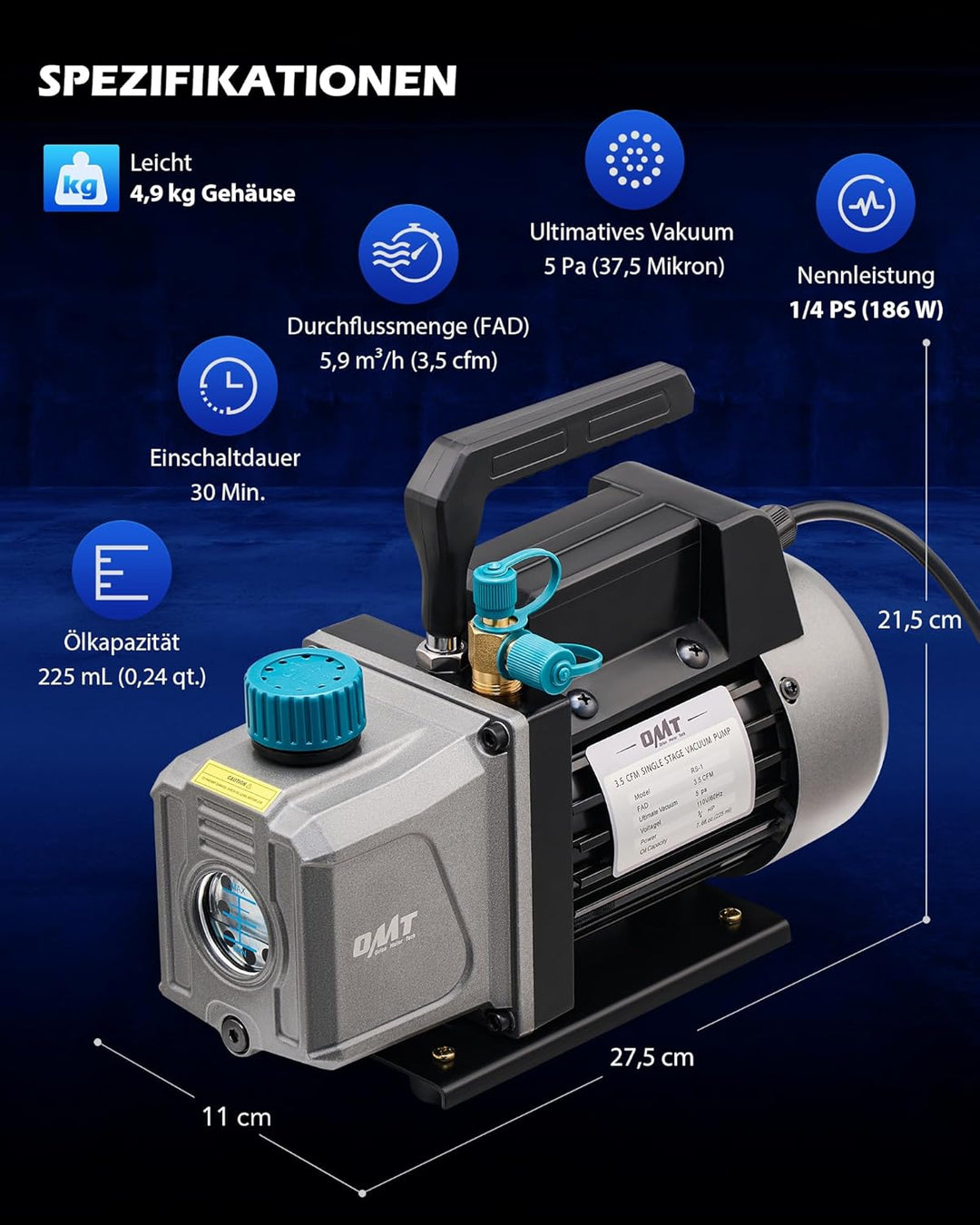 Orion Motor Tech Vakuumpumpe 3.5 CFM 100L/Min 1/4HP Unterdruckpumpe Klimaanlage 3-Wege mit Adapter f