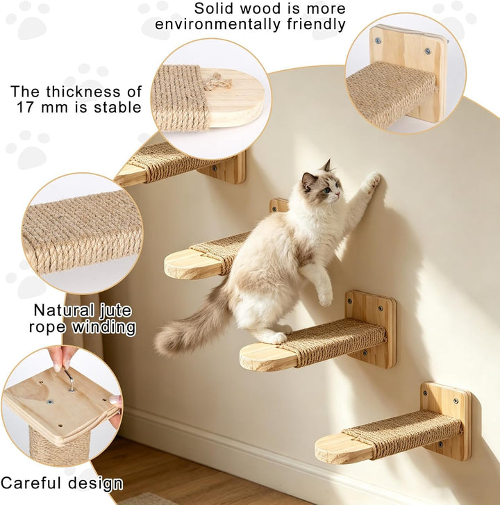 Katzentreppe Wand 4pcs, Kletterwand Katzen,Wandliege Kletterwand Katzen mit Juteseil zum Kratzen, fü