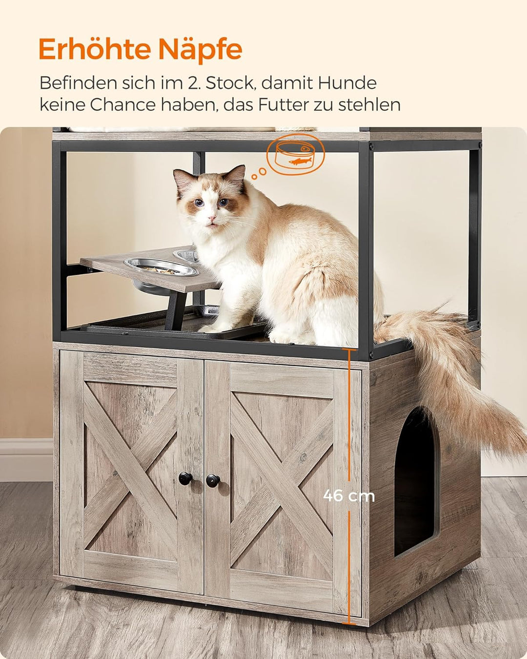 Feandrea Kratzbaum, Katzenbaum, Katzenhaus mit Katzenklo-Schrank, erhöhter Napfständer, Sisalstamm,
