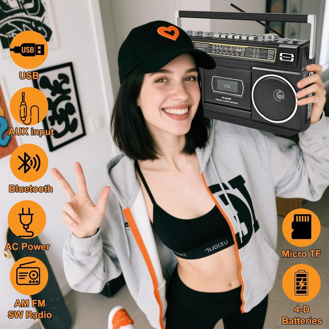 Kassettenspieler mit Bluetooth & Radio (AM/FM/SW) | Digitalisierung von Kassetten auf USB | Stereo S