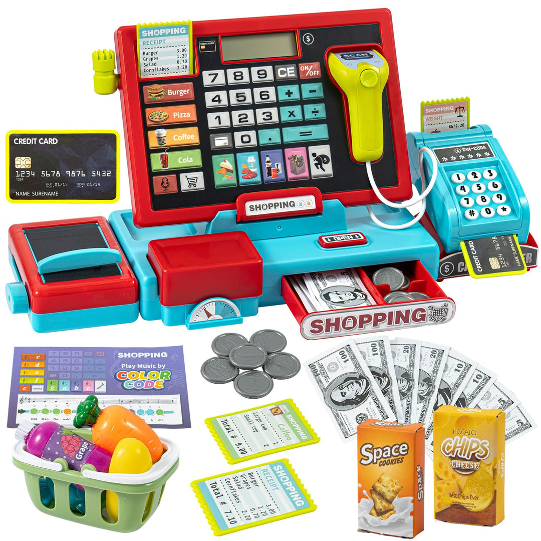 Interaktive Rollenspielkasse Supermarkt Kasse Set mit Scanner Blau, Blau