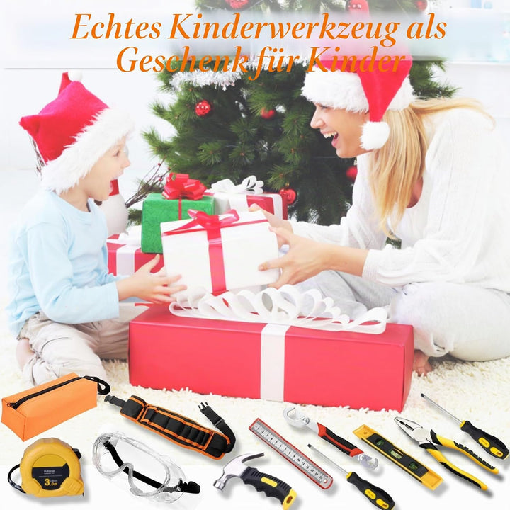 Kinder Werkzeug für Anfängern, Starter-Set für Kinder mit Werkzeugtasche, Werkzeuggürtel, Hammer, Za