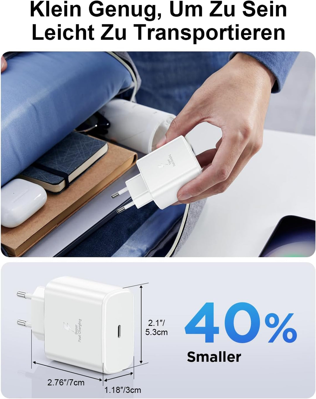 45W USB C Ladegerät für Samsung, 2Pack Handy Schnellladegerät mit 2M Ladekabel, Typ C Schnellladeger