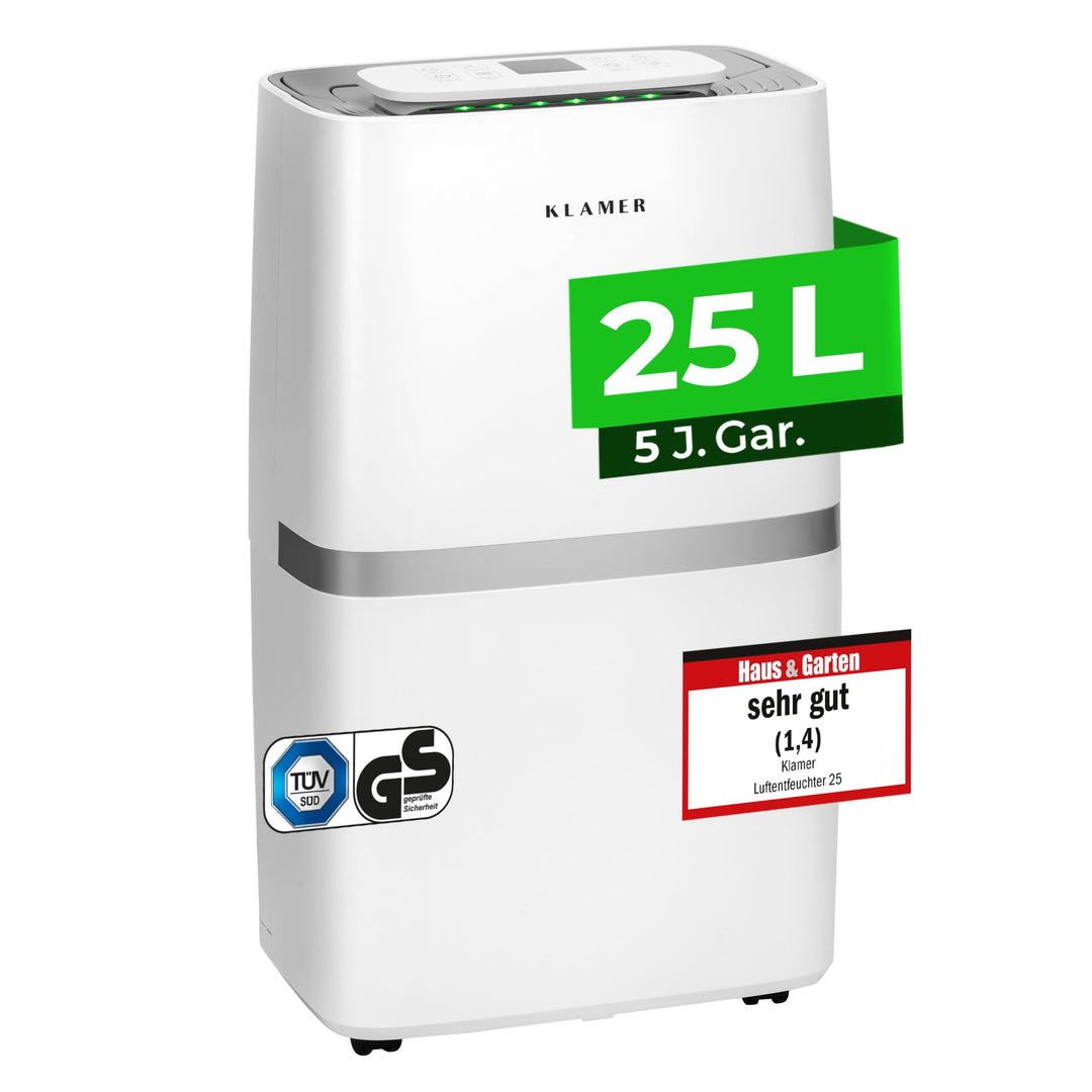 KLAMER Luftentfeuchter elektrisch 25L, 195m³ Luftumwälzung pro Stunde, 420W starker Raumentfeuchter,