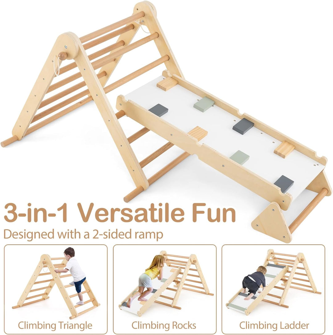 HOMASIS 3 in 1 Kletterdreieck mit Kletterleiter & Wippe, Holz Klettergerüst Indoor mit doppelseitige