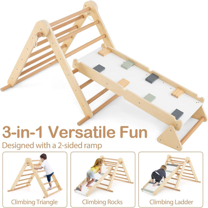 HOMASIS 3 in 1 Kletterdreieck mit Kletterleiter & Wippe, Holz Klettergerüst Indoor mit doppelseitige