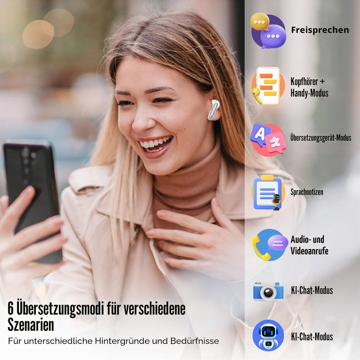 AI Kopfhörer Übersetzer, 3-in-1 Bluetooth 5.3 Echtzeit Sprachübersetzer Kopfhörer mit 164 Sprachen/6