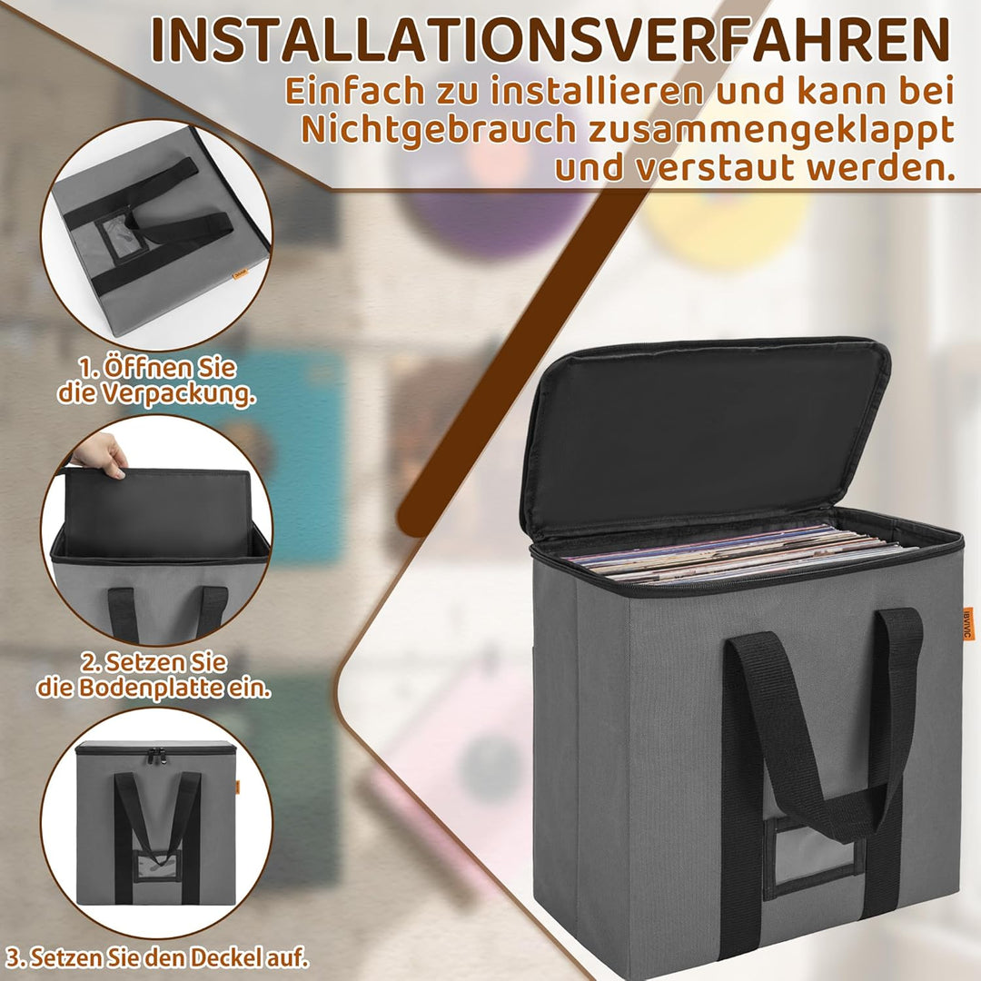 OUUTMEE Vinyl-Schallplatten-Aufbewahrungsbox mit Reissverschlüsse, Klappbare Plattenkoffer für LP-Sc