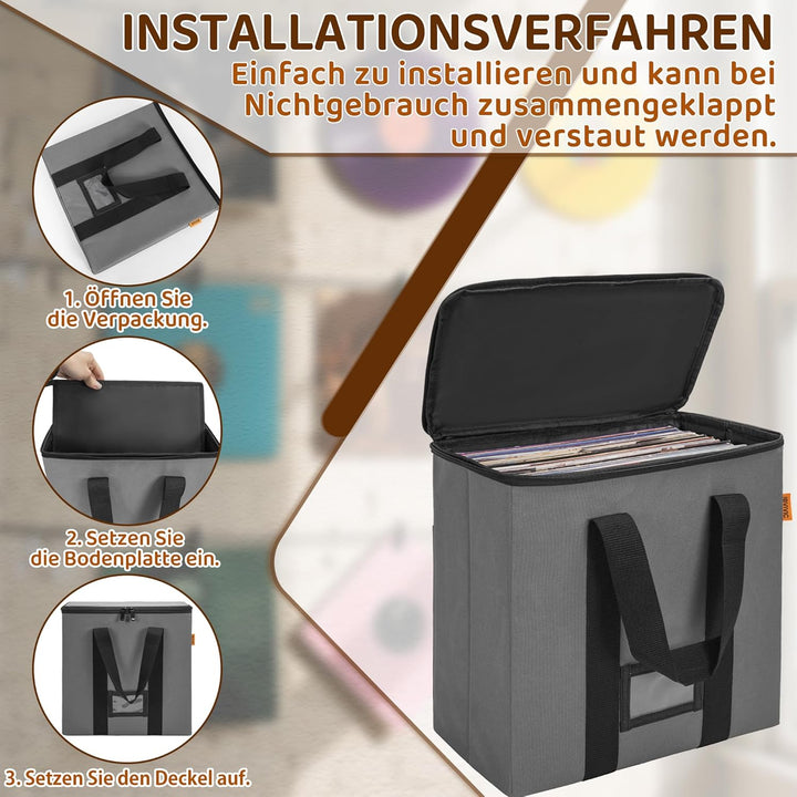 OUUTMEE Vinyl-Schallplatten-Aufbewahrungsbox mit Reissverschlüsse, Klappbare Plattenkoffer für LP-Sc