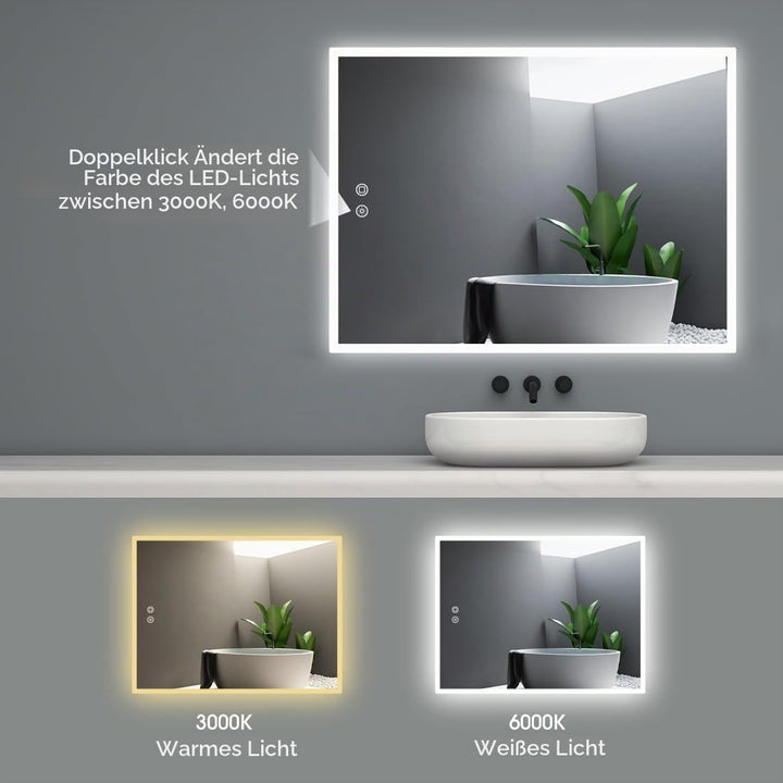 byecold Badspiegel mit Beleuchtung, LED Badezimmerspiegel 80x60CM, Wandspiegel Bad Spiegel mit Touch