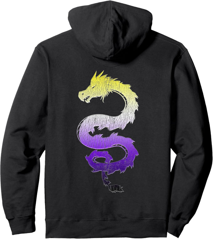 Nonbinary Japanese Dragon NB Pride Flag Colors Back Design Pullover Hoodie