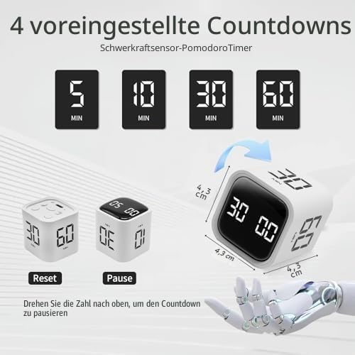 Würfel-Timer, Schwerkraftsensor, Küchentimer, Flip-Timer, Countdown, Countup, 5/10/30/60 Minuten, be