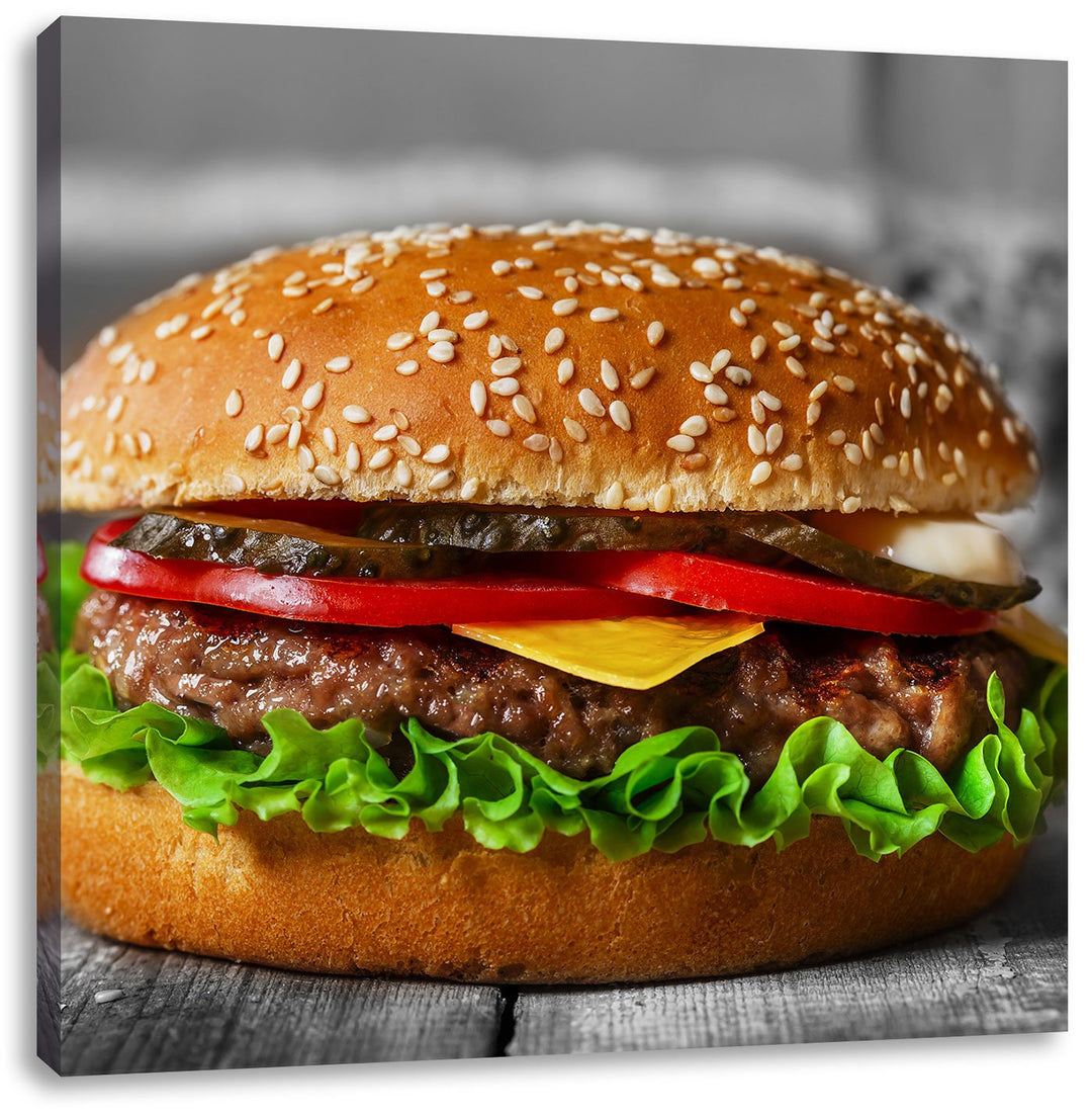 Pixxprint appetitlicher Cheeseburger als Leinwandbild/Grösse: 70x70 cm/Wandbild/Kunstdruck/fertig be