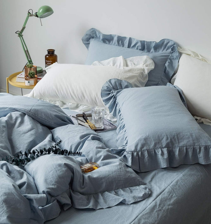 Lanqinglv Bettwäsche 200x220cm Gräuliches Blau mit Rüschen,aus 100% Weiche Microfaser Doppelbett - R