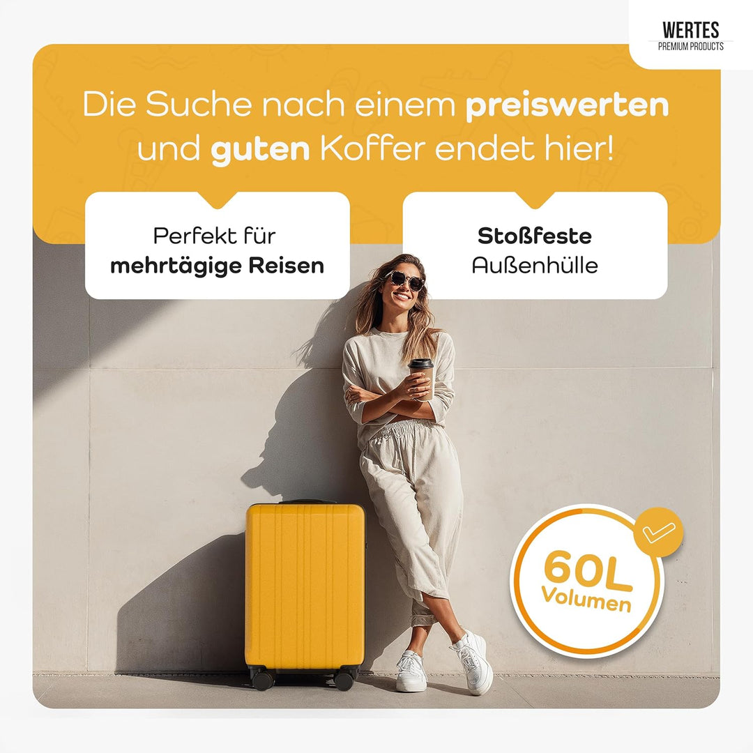 Hartschalen Koffer Mittel 67cm - 60L, TSA Schloss, Doppelrollen, Reisekoffer mit Rollen, Senfgelb 67