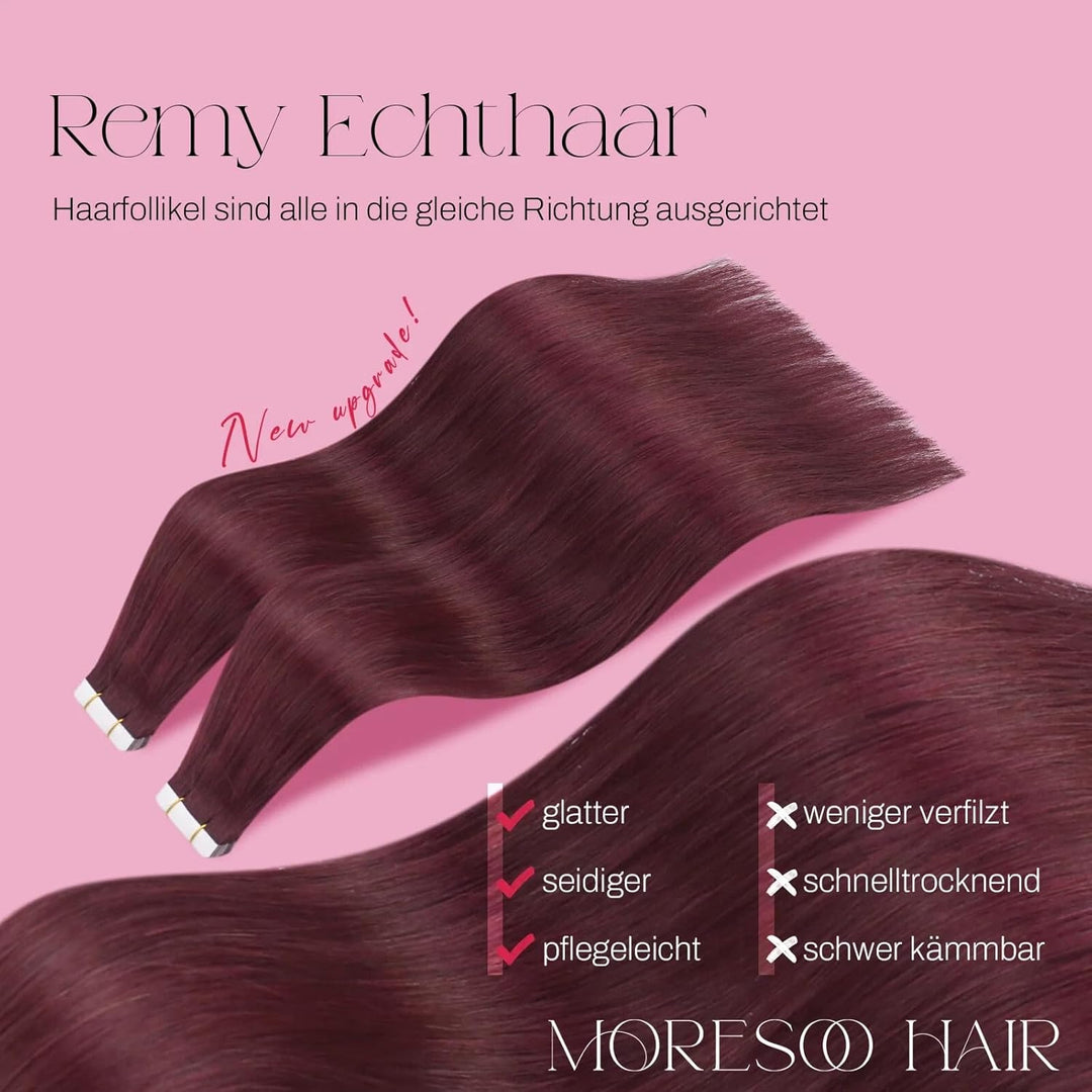 Moresoo Tape Extensions Echthaar Rotwein Haarverlängerung Echthaar Extensions Tape 35 cm #99J Weinro
