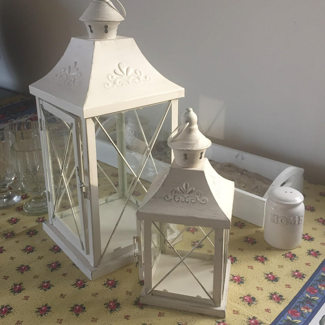 2er Set Innen Aussen Laternen Balkon Windlichter Metall weiss Shabby Chic Glas Tür Wohnzimmer Dekora