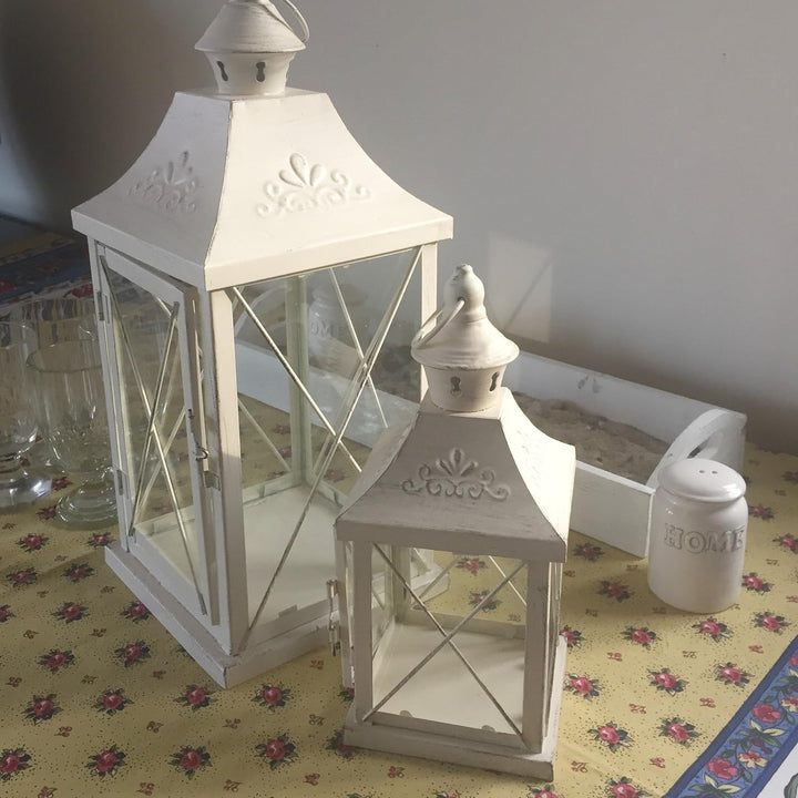 2er Set Innen Aussen Laternen Balkon Windlichter Metall weiss Shabby Chic Glas Tür Wohnzimmer Dekora