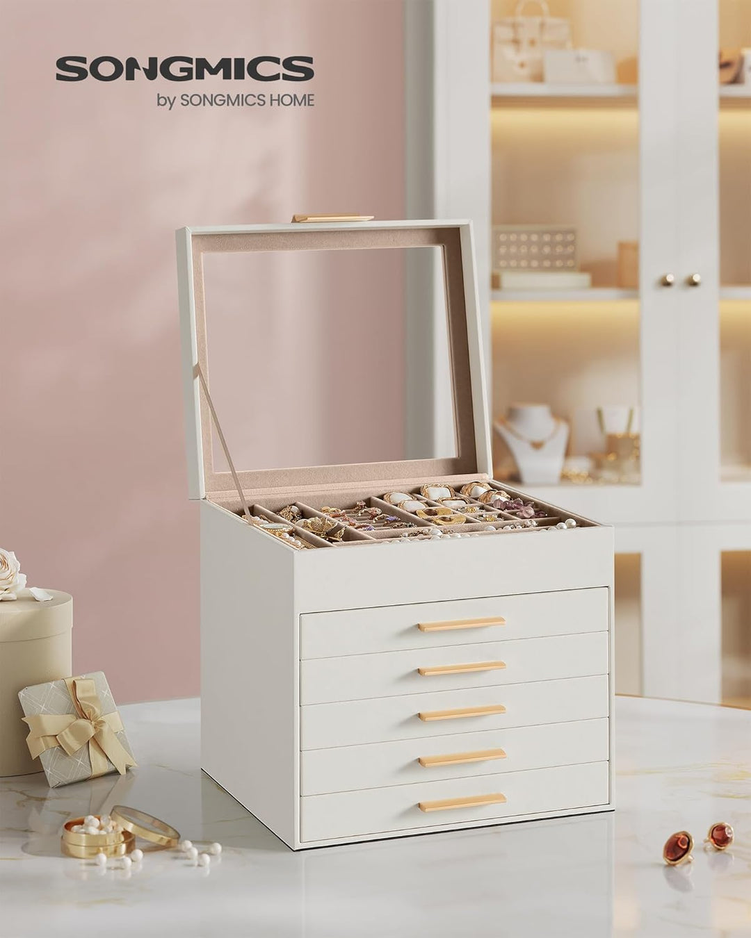 SONGMICS GISELLA Kollektion - Schmuckkästchen mit Glasdeckel, Schmuckkasten mit 6 Ebenen, Schmuckbox