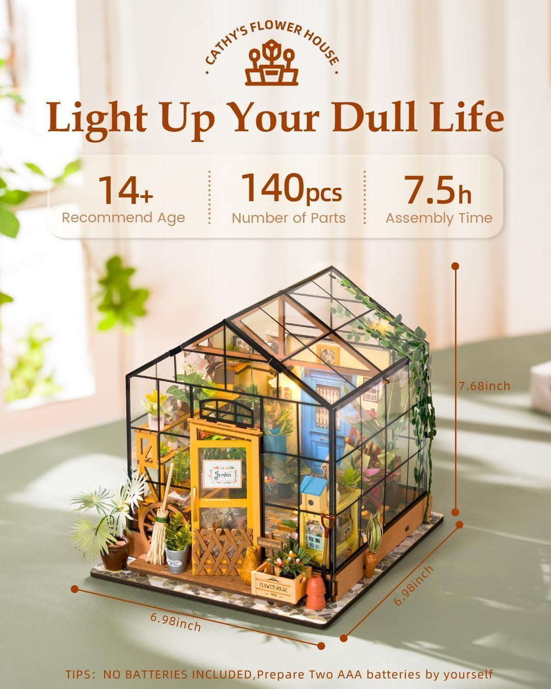 RoWood DIY Miniatur Haus Puppenhaus Gewächshaus mit Licht, DIY Mini Holz Haus Modell Set, Bastelset