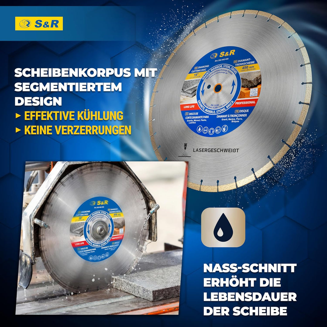 S&amp;R Diamanttrennscheibe 450 x 25,4 mm, Industrie-Qualität, Trennscheibe doppelte Standzeit in Naturs