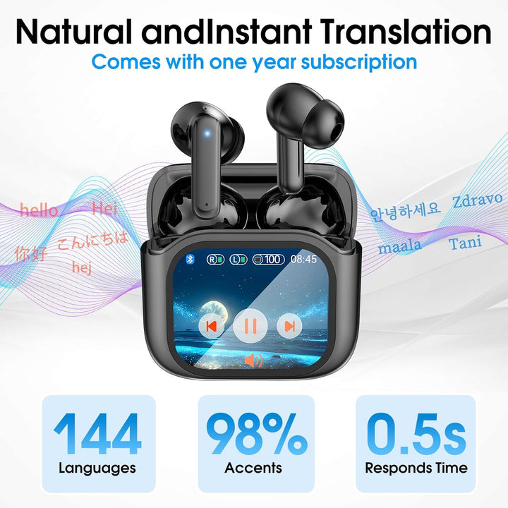 Übersetzer Kopfhörer – Translator Earbuds für Echtzeitübersetzung mit LCD-Touchscreen, unterstützt 1
