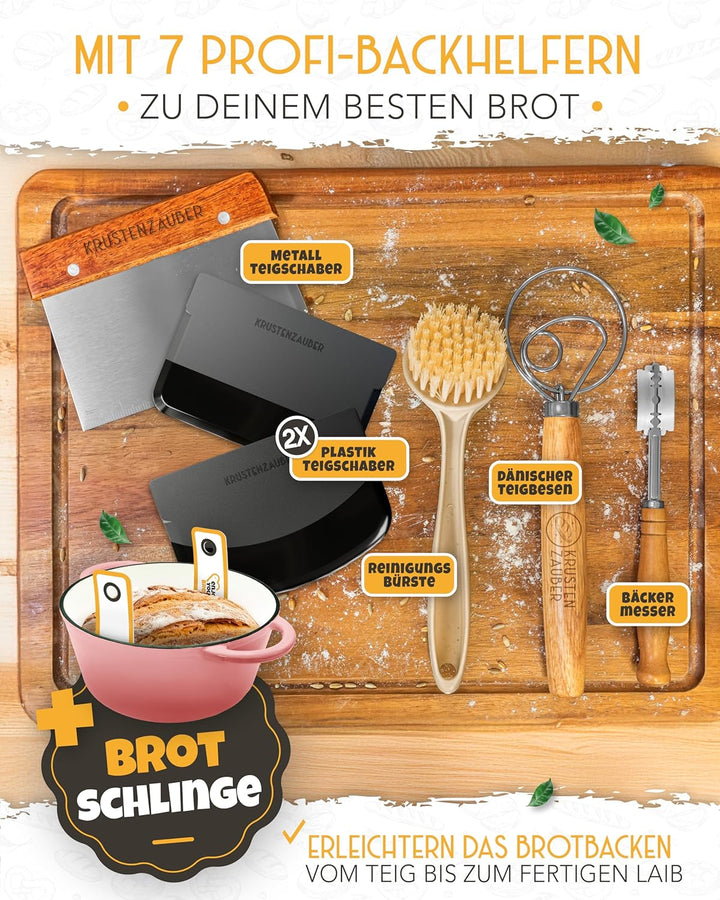 Gusseisen Topf Brot Backen emailliert im XXL Set - Brotbackform mit Deckel inkl Gärkorb, Schneebesen