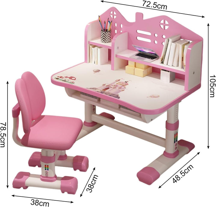 Kinderschreibtisch,Rosa Kinder-Studientisch,Schreibtisch und Stuhl-Set,rutschfest Stabiler Kindersch