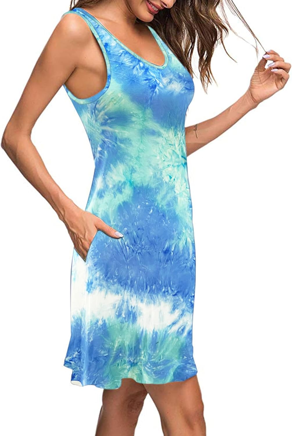 AUSELILY Sommerkleid Damen Leicht Strandkleid S Blaugrünweiss Gefärbt, M