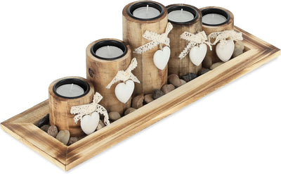 Relaxdays Teelichthalter Set mit Tablett & Steinen, 39,5 cm lang, 5 Kerzenhalter, Tischdeko Wohnzimm