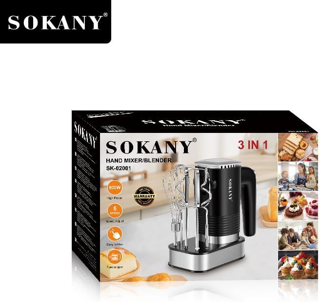 SOKANY 800W Handrührgerät Edelstahlkneter Handmixer, 5 Geschwindigkeiten mit Exit-Taste, Handrührer