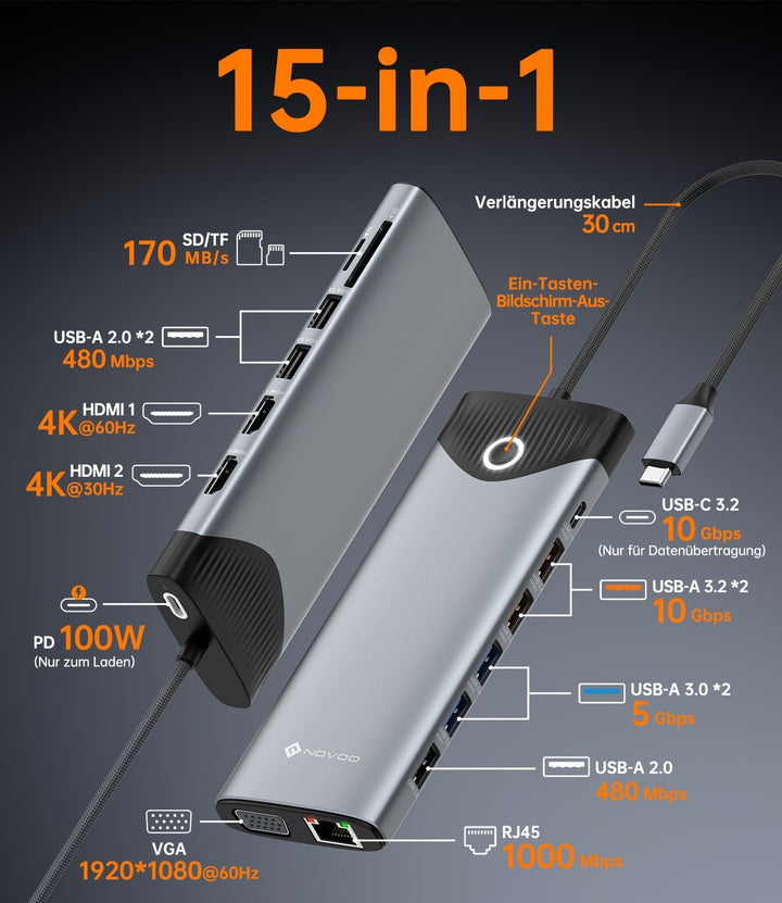 NOVOO 10Gbps Dockingstation Laptop Triple Display, 15 in 1 Docking Station USB C Hub Adapter mit Zwe