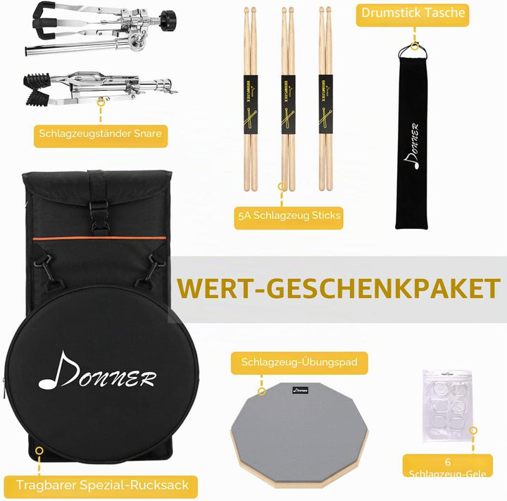 Donner Drum Practice Pad mit Snare Drum Ständer Kit, 3 Paar Drumsticks mit Tasche, Drum Gele silber,
