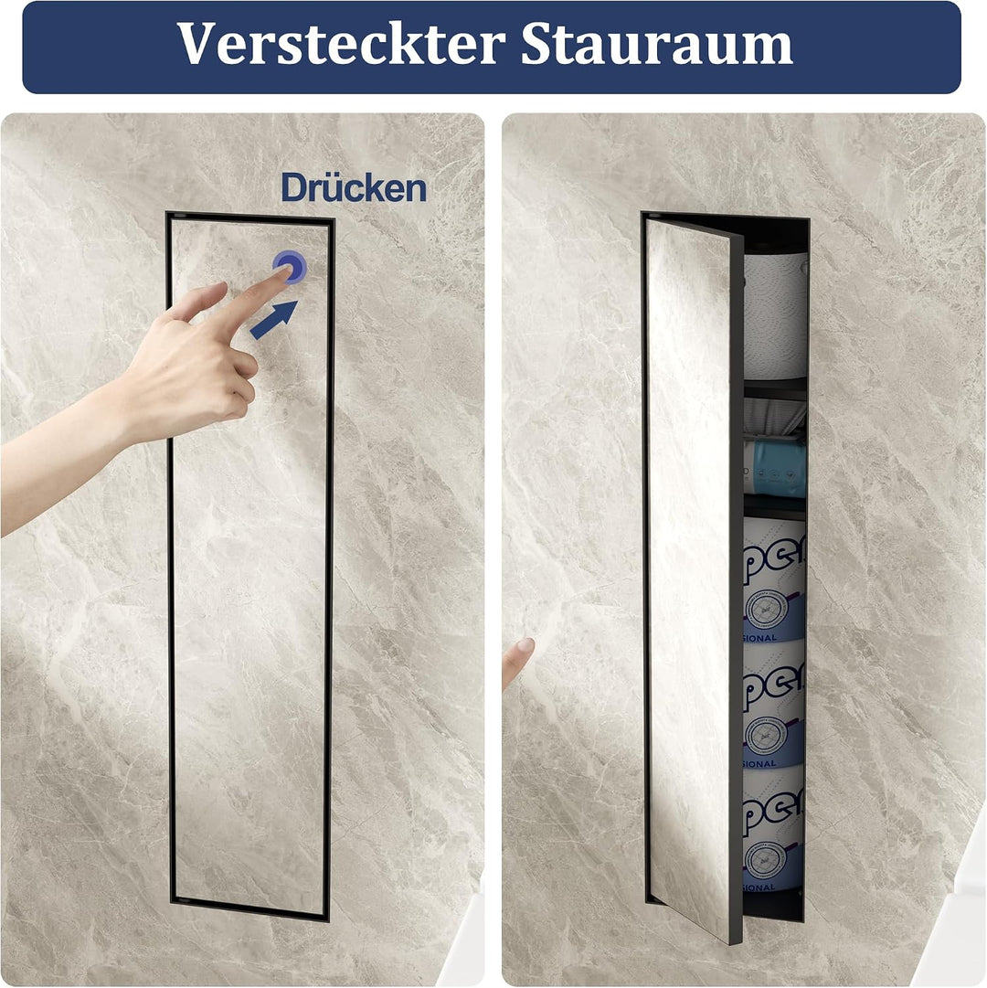 Unterputz Toilettenpapierhalter Edelstahl 304 mit Befliesbarer Tür, Schwarz, Schwarz