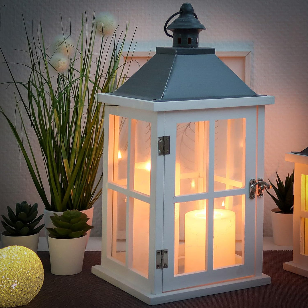 Dekovita 40 cm Holz-Laterne Weiss - Gartenlaterne mit Glas-Scheiben Henkel - Windlicht Deko-Laterne