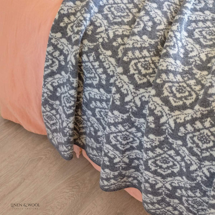 Linen & Cotton Jacquard Decke Wolldecke Gestrickt Caressa Damast Muster - 100% Reine Neuseeland Woll