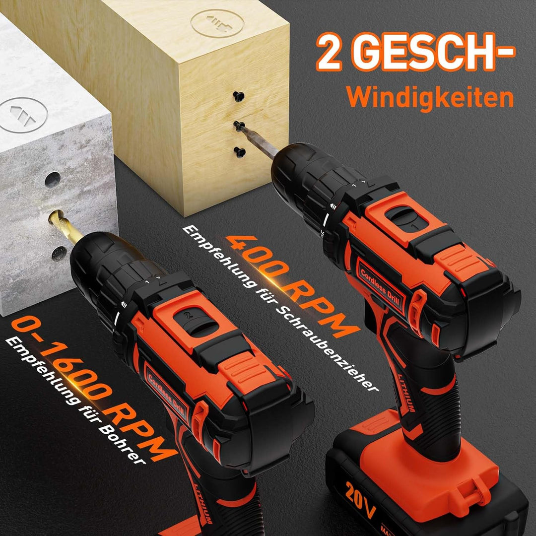 Akkuschrauber, 20V Akku Bohrschrauber Set mit 2 Akkus 2.0Ah, Akkubohrer 42Nm Drehmoment, 25+1 Drehmo