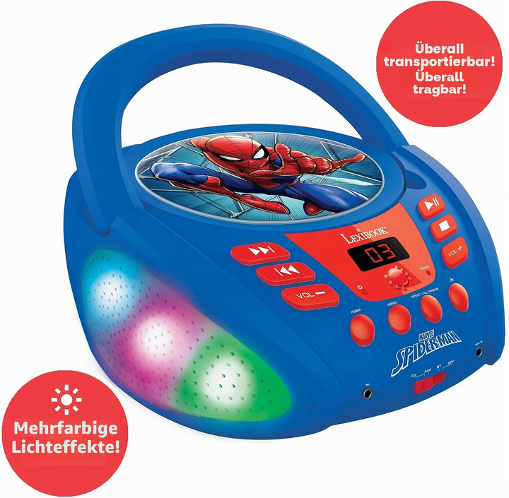 Lexibook - Marvel Spider-Man - Bluetooth-CD-Player für Kinder - Tragbar, Lichteffekte, Mikrofonbuchs