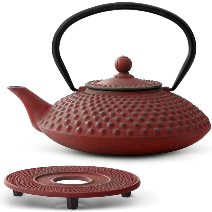 grosse rote Asia Teekanne Gusseisen Set 1.25 Liter Teekessel mit Henkel & Edelstahl Tee-Filter-Sieb-