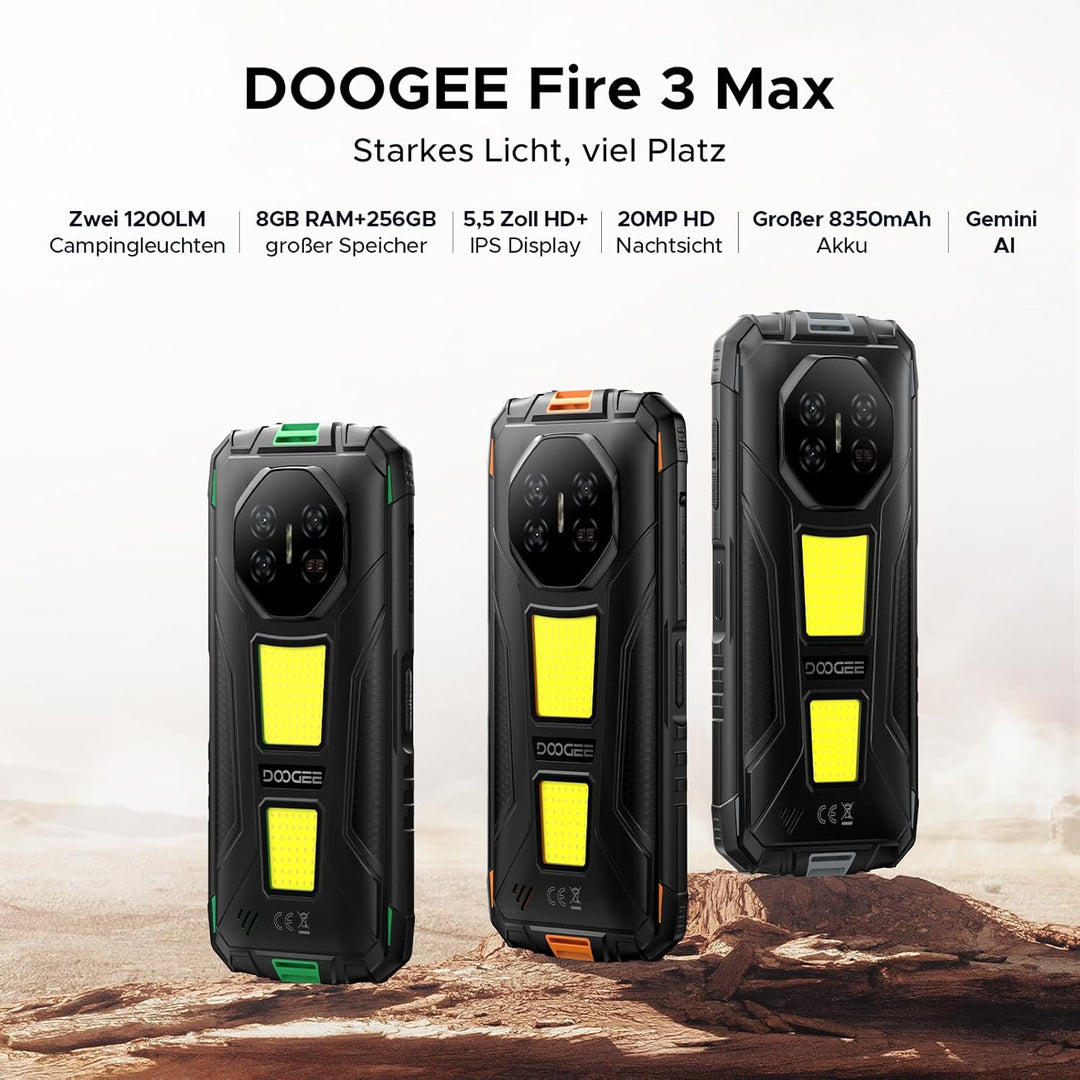 DOOGEE Fire 3 Max Android 15 Outdoor Handy Ohne Vertrag 256GB+32GB 8350mAh 1200LM Campingleuchten Ou
