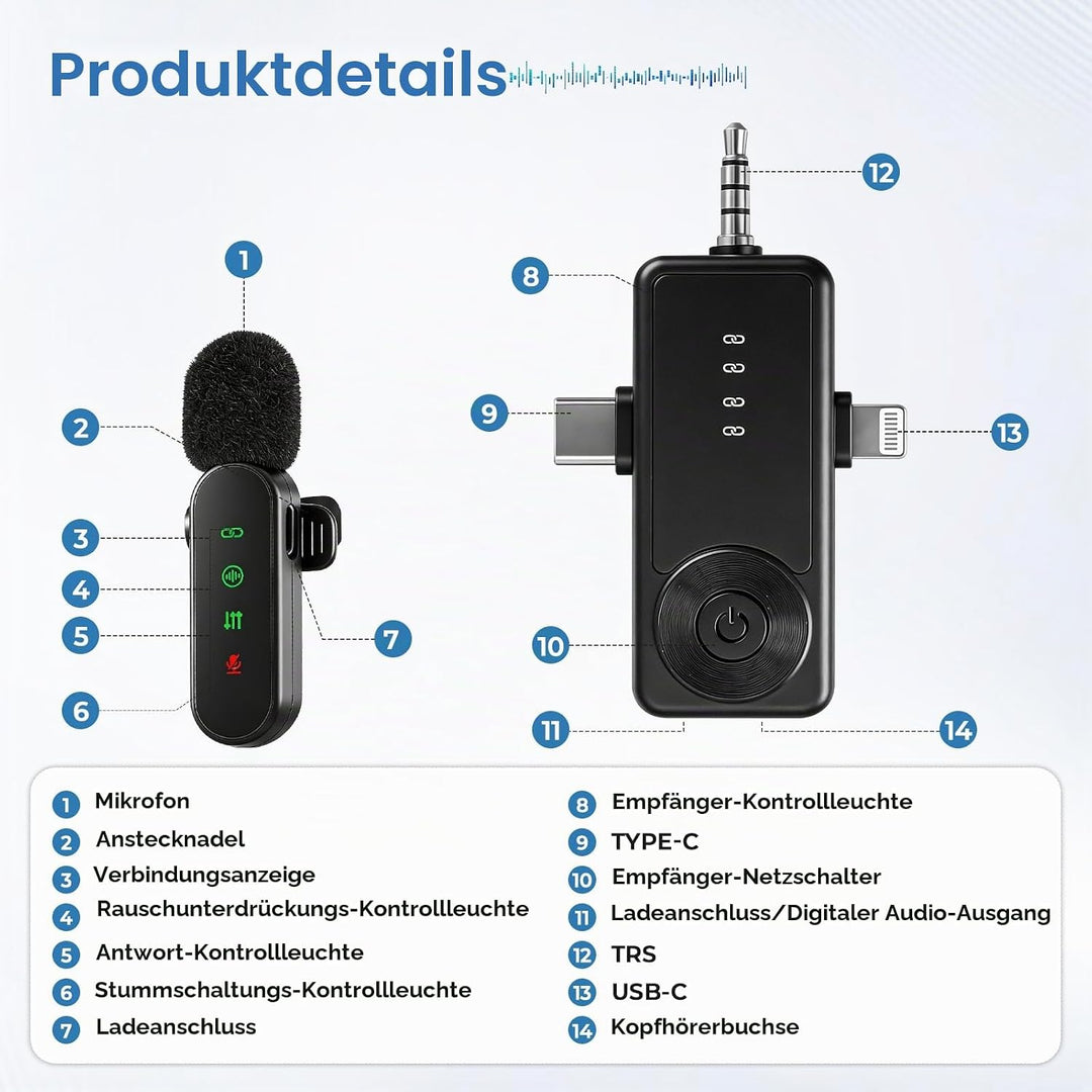 Kabellose Lavalier-Mikrofone mit LED-Anzeige, 4 Stück, Lavalier-Mikrofone, Clip-on-Mikrofon, Auto-Pa