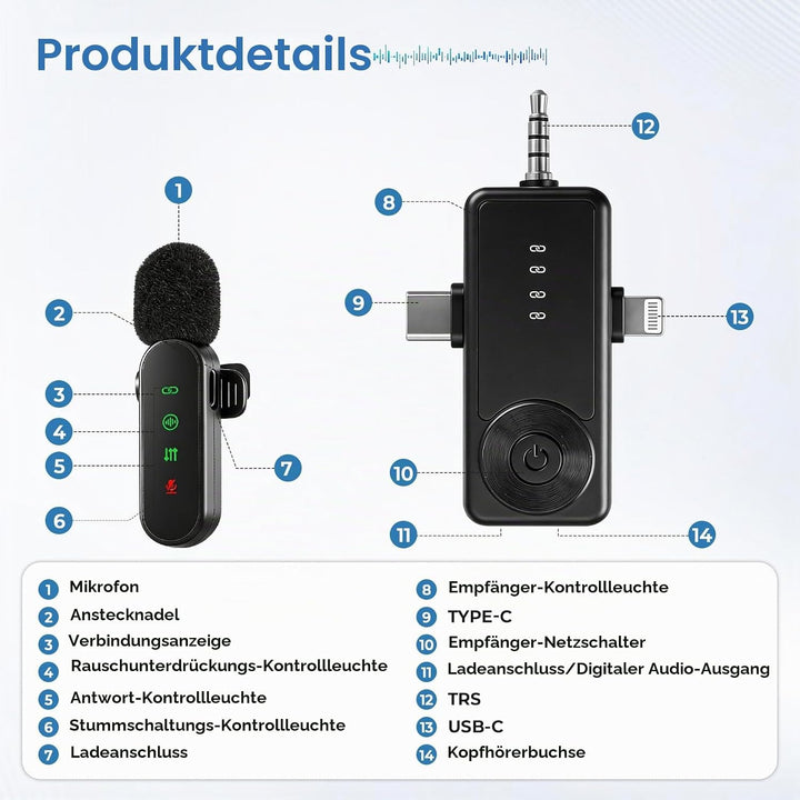 Kabellose Lavalier-Mikrofone mit LED-Anzeige, 4 Stück, Lavalier-Mikrofone, Clip-on-Mikrofon, Auto-Pa